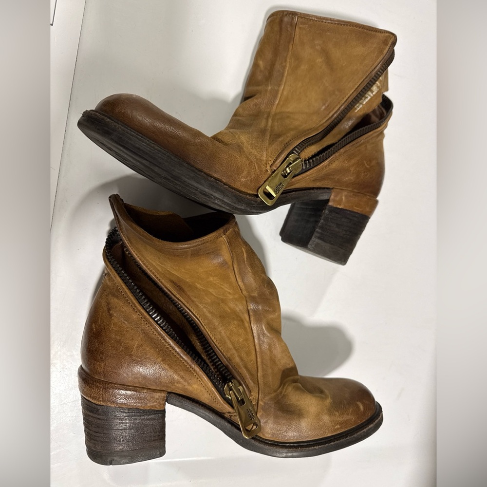 A.S.98 Chestnut Brown Distressed Leather Zip Ankle Boots